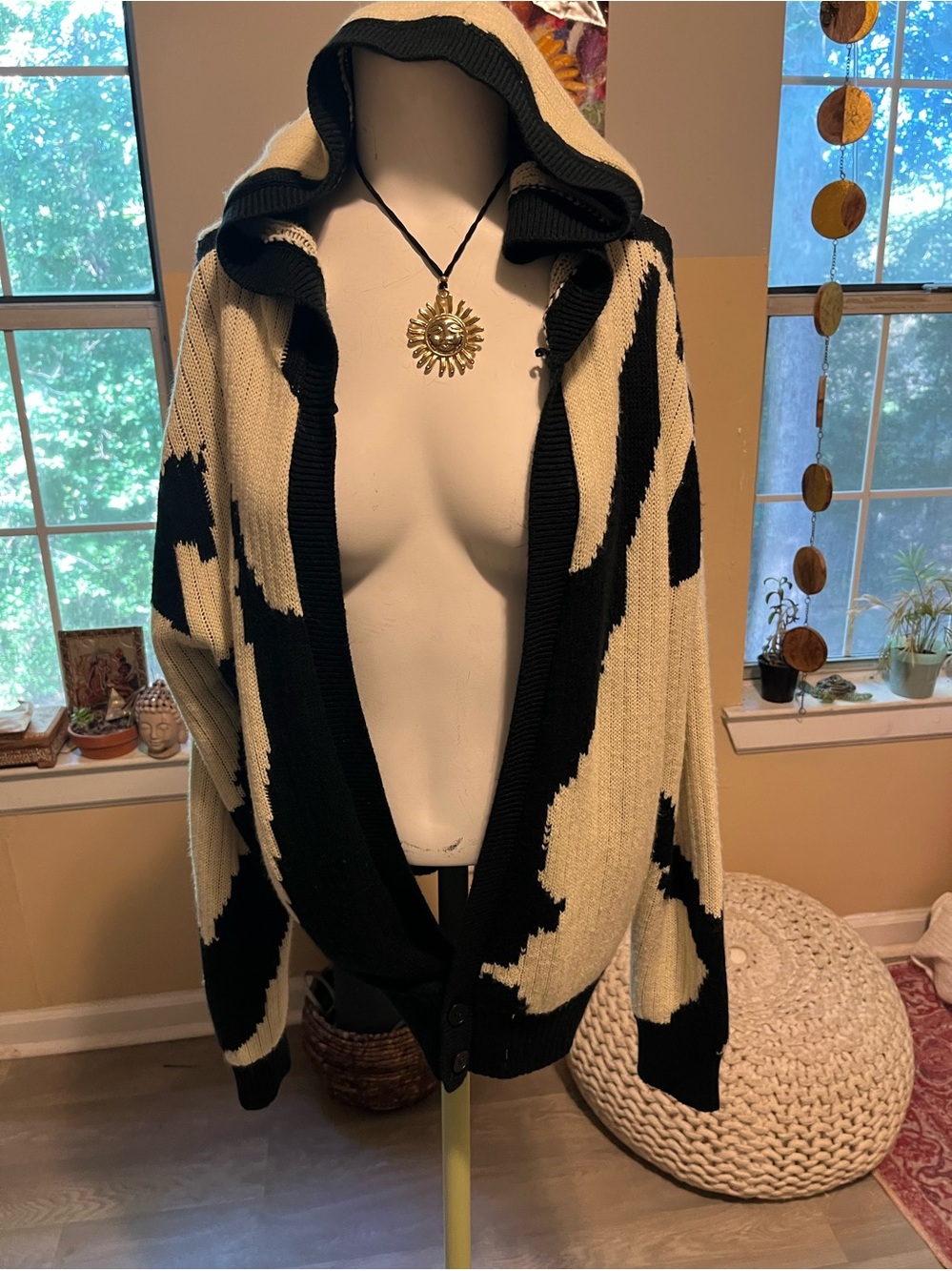 Hooded Open-Front Sweater Cardigan - Black & Cream Aztec Boho